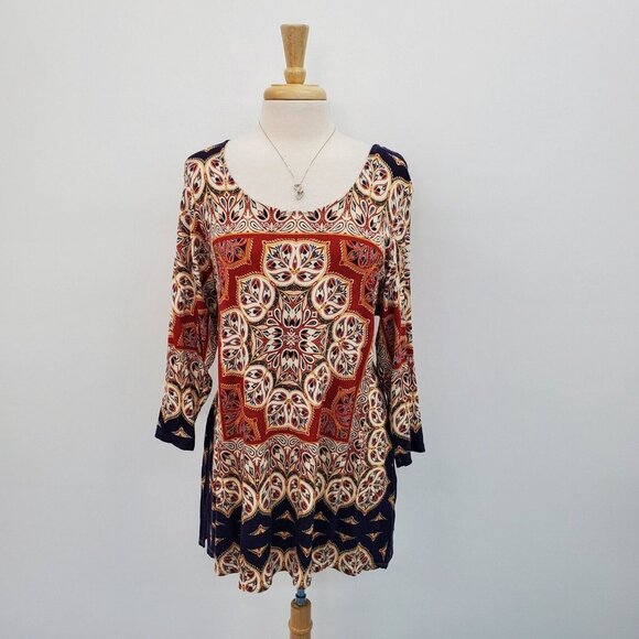 Rose + Olive Tops - Rose + Olive Womens 3/4 Sleeve Scoop Neck Knit Top Blouse Plus Size 1X Red Blue